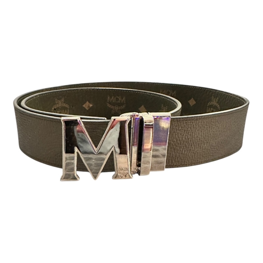 MCM Reversible Leather Belt – 45" (Olive Green/Gold, Chrome Buckle)